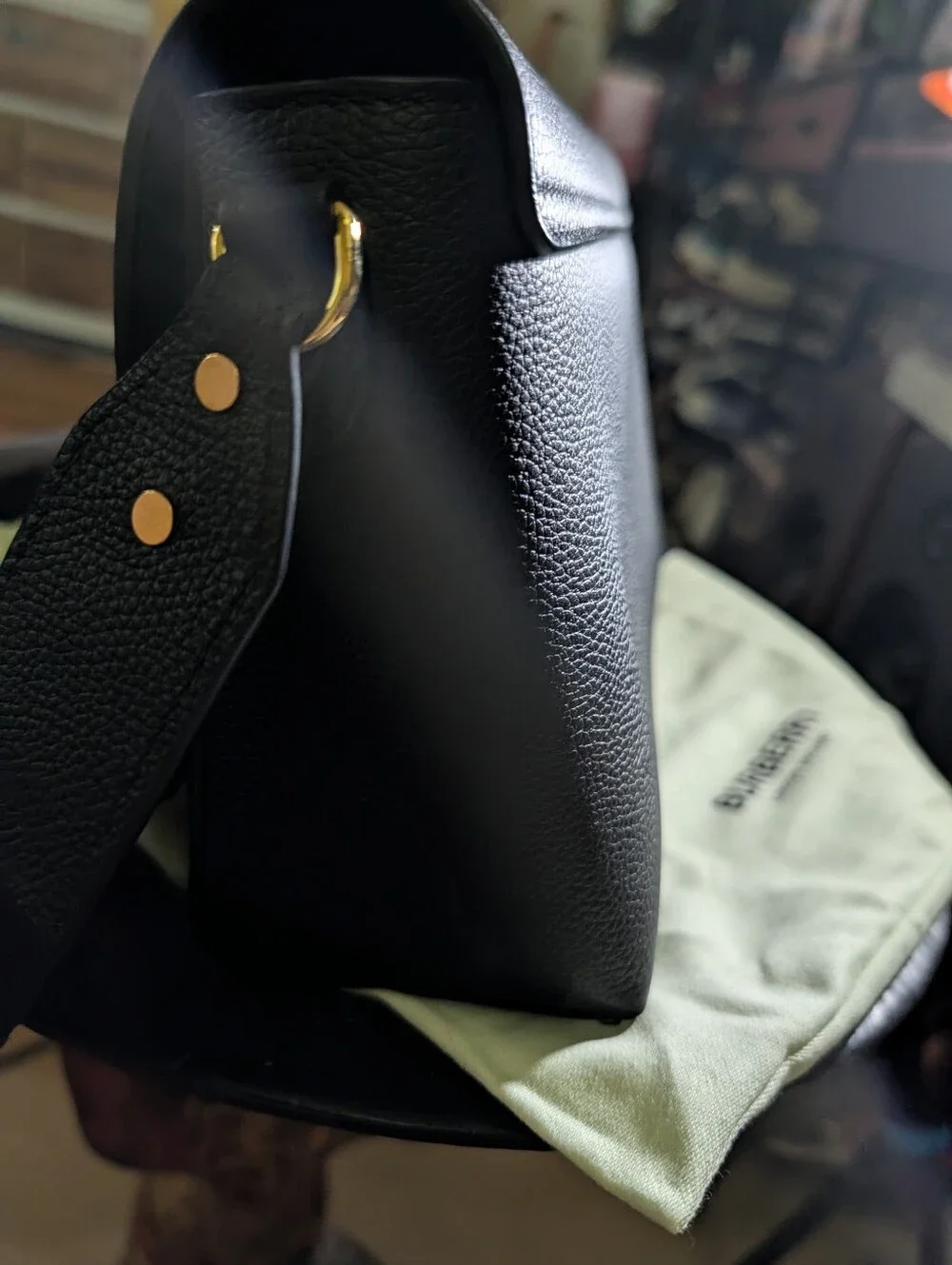 Burberry Black Leather Shoulder Bag with Vintage Check Trim - Picture 9 of 13